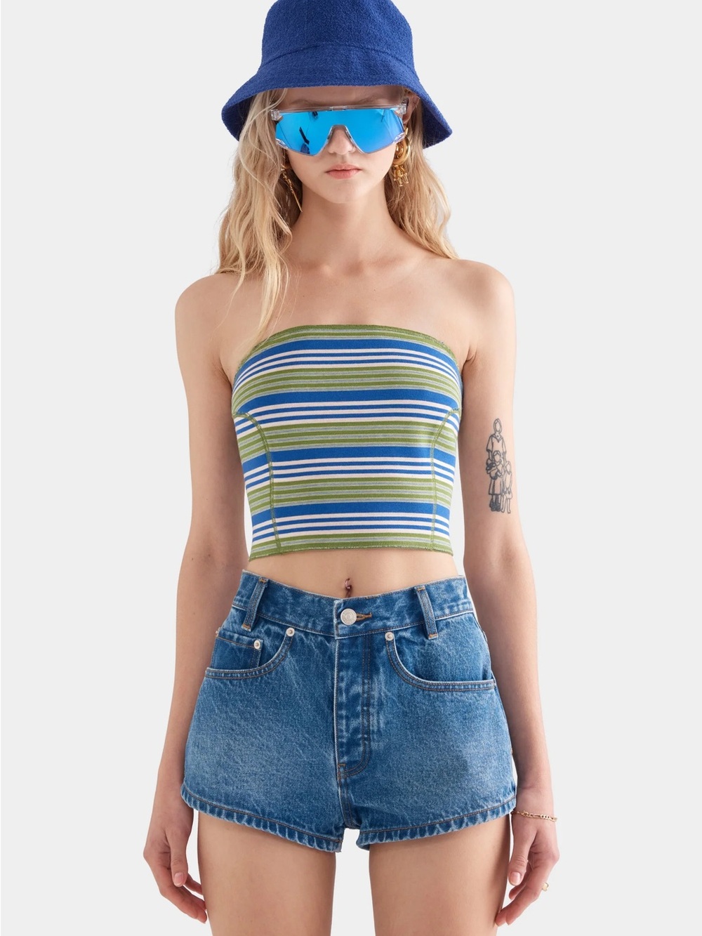 NWT Venroy Striped Strapless Jersey Bustier Crop Top in Green and Blue sz s